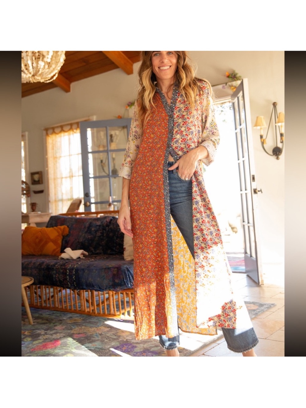 NATURAL LIFE Floral Patchwork Duster - Rust, Yellow, Cream